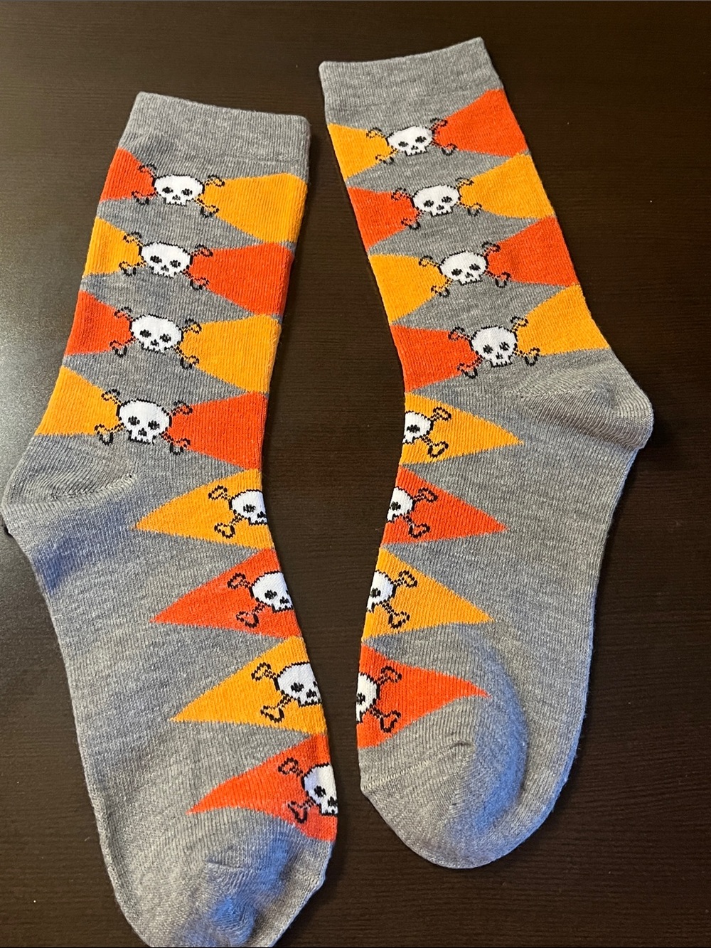 Gray Crew Socks with Orange & Yellow Skull Accent